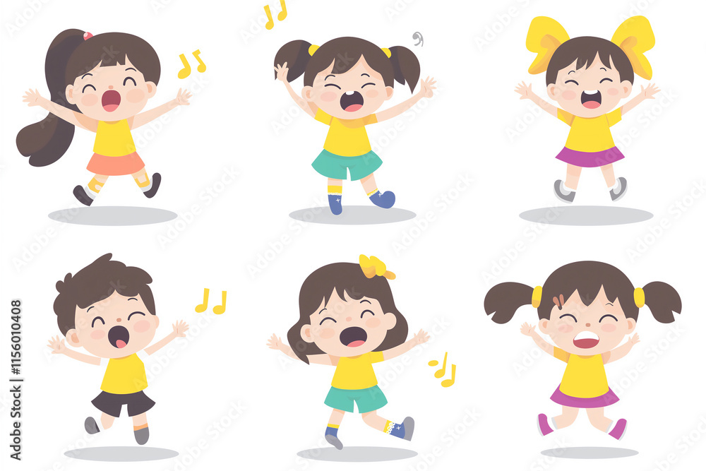 Joyful children dancing and singing with lively expressions, showcasing fun and enthusiasm. Each child has unique energy, representing individuality and creativity. Joyful children dancing and singing with lively expressions, showcasing fun and enthusiasm. Each child has unique energy, representing individuality and creativity.
