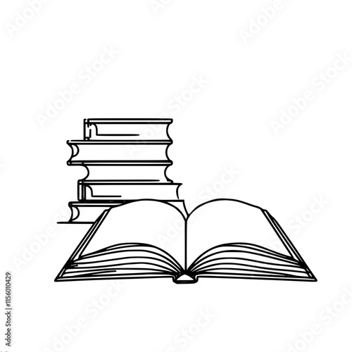 Black and white outline of open book with stack of books in background, single line vector outline drawing