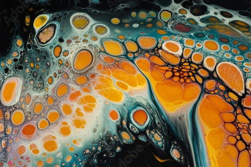Colorful abstract pattern created by swirling paint and bubbles on canvas in ...