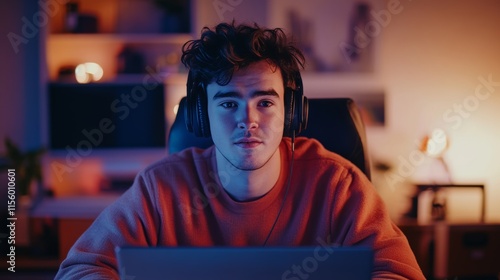 Young Man Listening to Music With Headphones, Focused in Cozy Indoor Setting