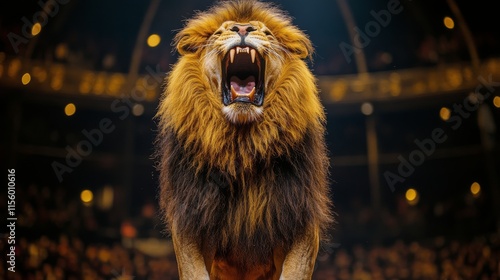Majestic lion roaring in a spotlight at a circus performance in the evening