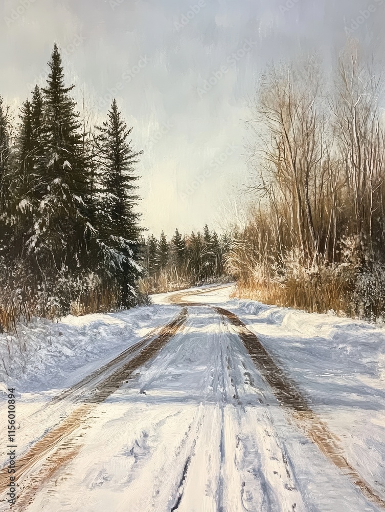 Obraz premium Wintry road. Snow covered gravel road.