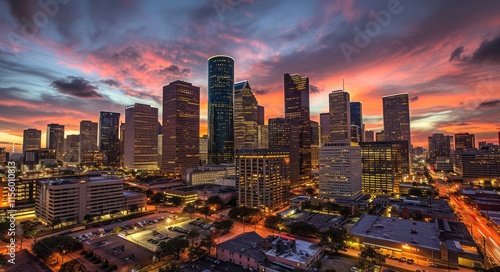 Urban Elegance: Sunset Skyline of Downtown Houston