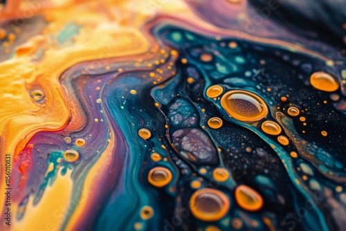Colorful abstract pattern created by swirling paint and bubbles on canvas in ...