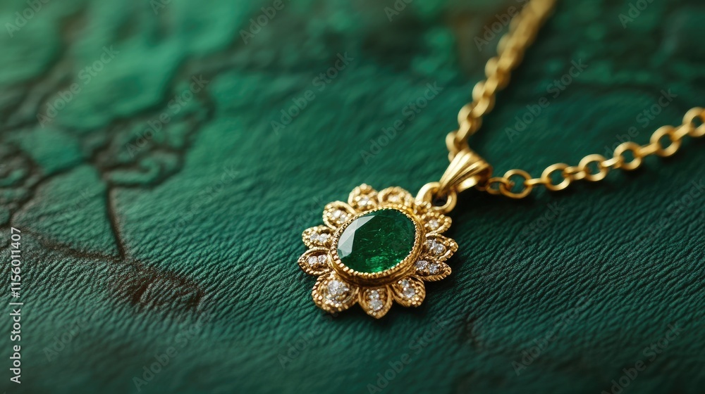 Fototapeta premium Elegant Green Gemstone Pendant with Gold Chain on Dark Background