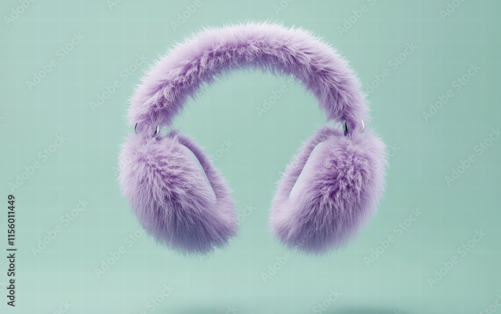 Fluffy purple earmuffs mockup, floating gently in air, mint green background Fluffy purple earmuffs mockup, floating gently in air, mint green background