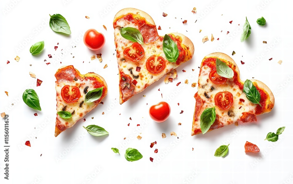 Heart-shaped pizza slices with vibrant toppings like tomatoes and basil, hovering in mid-air on a clean white background Heart-shaped pizza slices with vibrant toppings like tomatoes and basil, hovering in mid-air on a clean white background