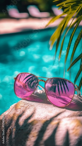 Pink sunglasses float on the surface of a sparkling swimming pool with tropic...