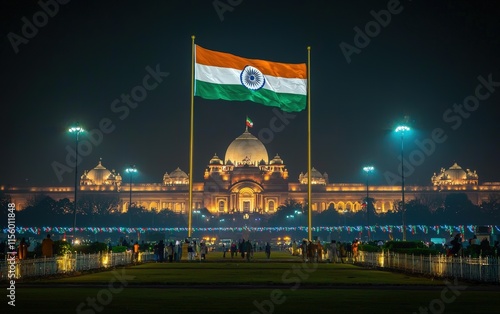 Indian flag waving majestically in front of the Rashtrapati Bhavan, decorated for Republic Day celebrations, vibrant lights illuminating the scene photo