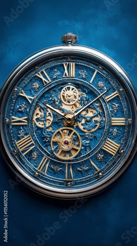 Intricate clock face with stunning blue background featuring ornate golden de...