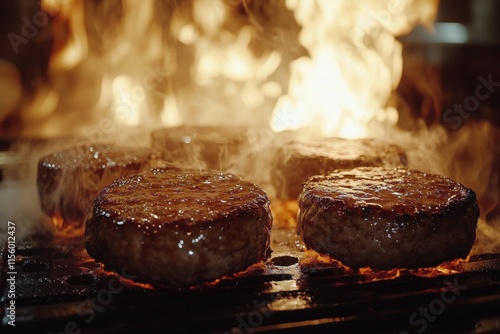 Juicy hamburgers sizzling on the grill with flames and smoke rising at a summ...