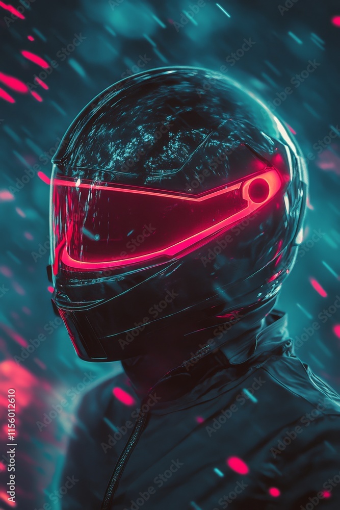 Fototapeta premium Futuristic helmet with neon lights in a dynamic environment at night