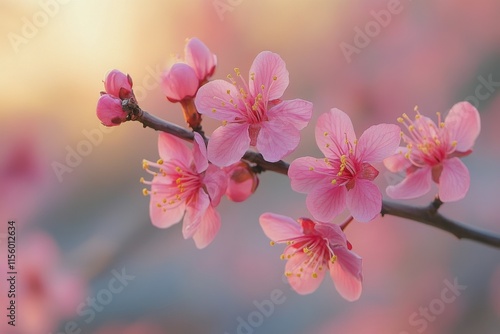 Blooming pink flowers in a vibrant garden during golden hour