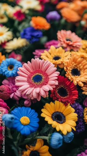 Colorful variety of blooming flowers in a vibrant arrangement showcasing natu...