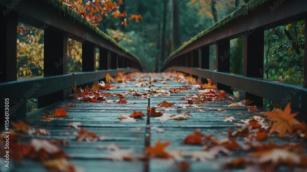 Close-Up View of a Wooden Bridge Adorned with Fallen Autumn Leaves Close-Up View of a Wooden Bridge Adorned with Fallen Autumn Leaves
