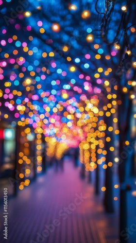 Colorful lights create a vibrant atmosphere in a festive setting during eveni...