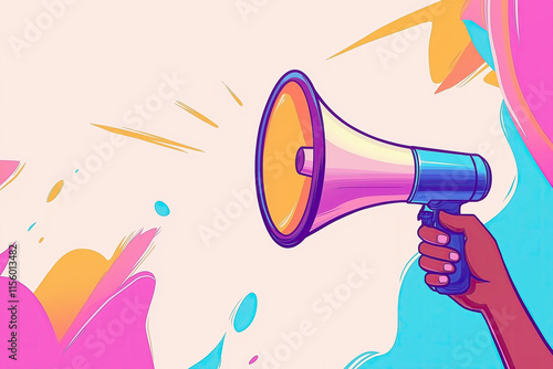 A hand holds a megaphone on a colored background. The concept of speech, oratory. Advertising banner photo