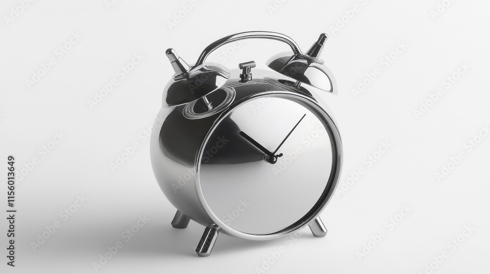Retro Silver Alarm Clock on Minimalistic White Background Retro Silver Alarm Clock on Minimalistic White Background