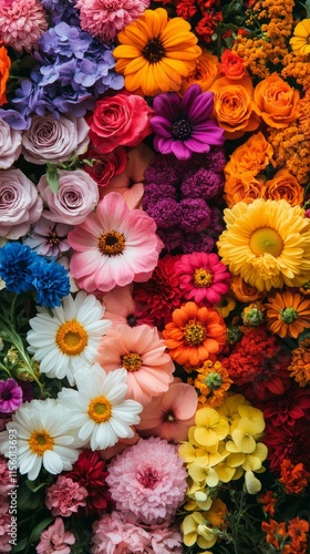 Colorful variety of blooming flowers in a vibrant arrangement showcasing natu...