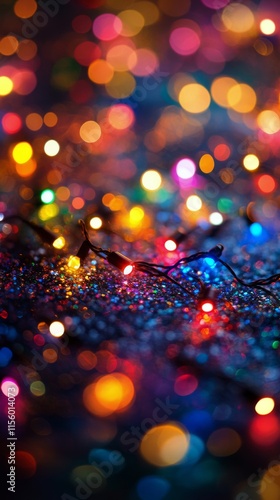 Colorful lights create a vibrant atmosphere in a festive setting during eveni...