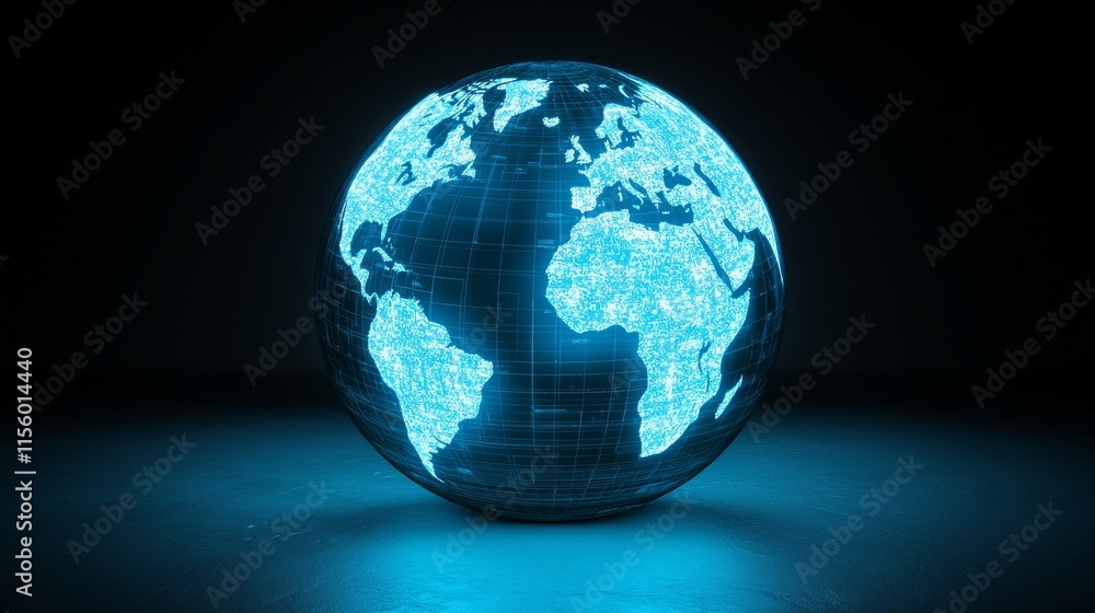 Fototapeta premium A glowing digital globe showcasing a stylized representation of Earth with a grid pattern and blue lights against a dark background.
