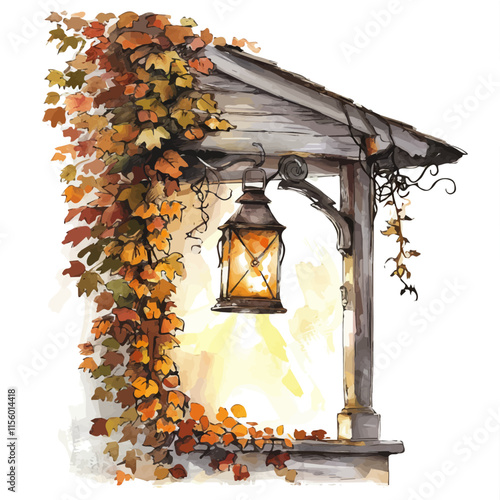 A watercolor vector of a glowing lantern hanging on a porch covered in autumn leaves, isolated on a white background. Autumn lantern vector.
