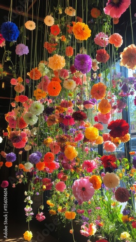 Colorful hanging flowers create a vibrant indoor display in a sunlit room