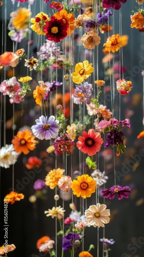 Colorful hanging flowers create a vibrant indoor display in a sunlit room