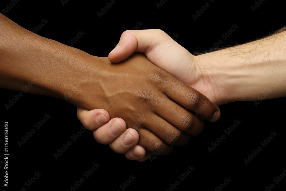 Hands of different races in a handshake in the center on a black background, symbolizing unity and support. Advertising banner Hands of different races in a handshake in the center on a black background, symbolizing unity and support. Advertising banner
