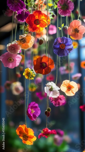 Colorful hanging flowers create a vibrant indoor display in a sunlit room
