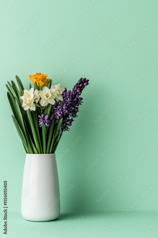 spring flower arrangement, spring daffodils and hyacinths arranged on mint green background with space for personalization, creating a joyful vibe spring flower arrangement, spring daffodils and hyacinths arranged on mint green background with space for personalization, creating a joyful vibe