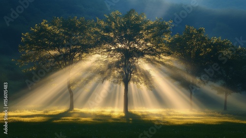 Majestic tree with sun rays shining through at dawn in a tranquil valley