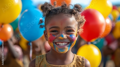 Smiling girl surrounded by colorful balloons at a joyful celebration outdoors