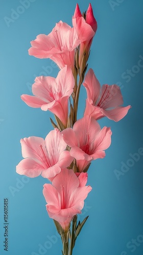 Pink gladiolus flowers against a blue background showcasing beauty and elegan...