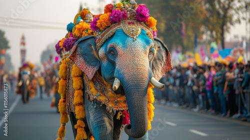 Colorful elephant adorned with decorations parades through a bustling street ...