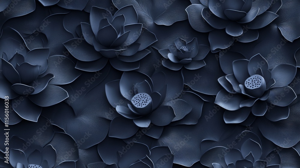 Embossed lotus flowers form a seamless 3D pattern with textured relief. Embossed lotus flowers form a seamless 3D pattern with textured relief.