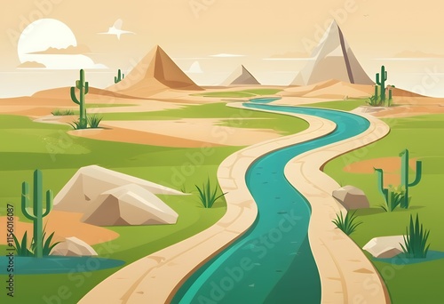 Game road map with level indicators. Sand desert with green grass and plants islands, gift box with bow, path way with stone platform for each stage. Cartoon illustration of gui design