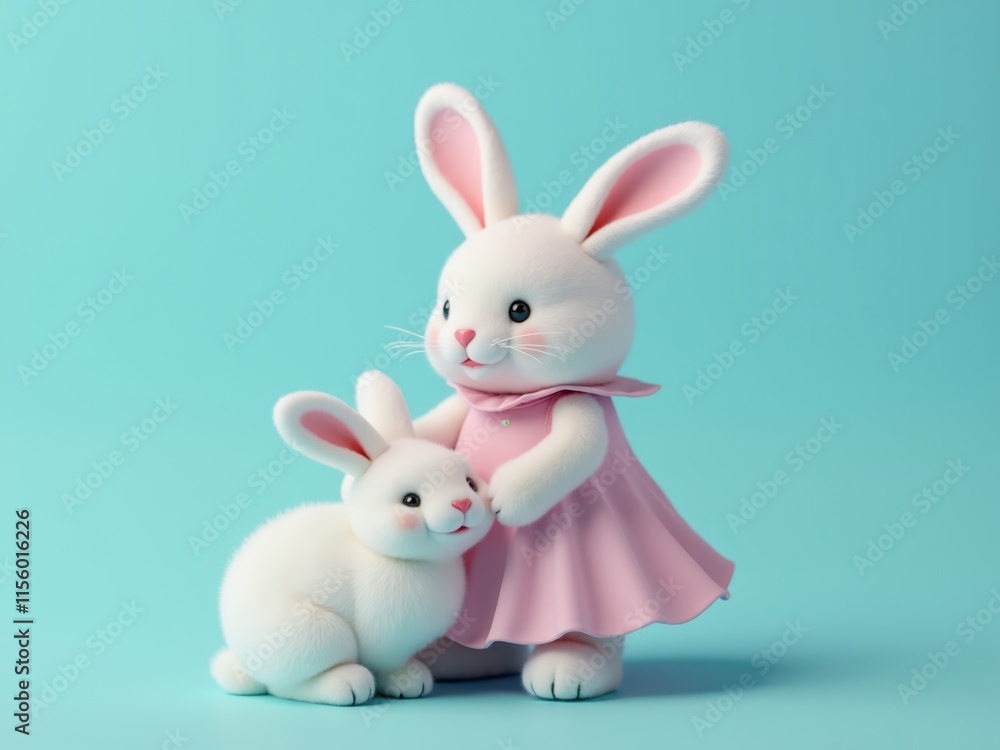 Adorable cartoon rabbits wearing pink dress embracing on turquoise background Adorable cartoon rabbits wearing pink dress embracing on turquoise background