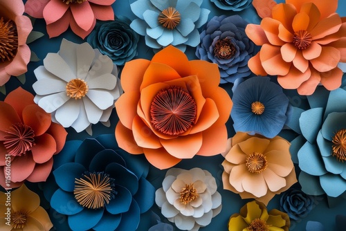 Colorful paper flower wall art display with intricate designs and vibrant hues