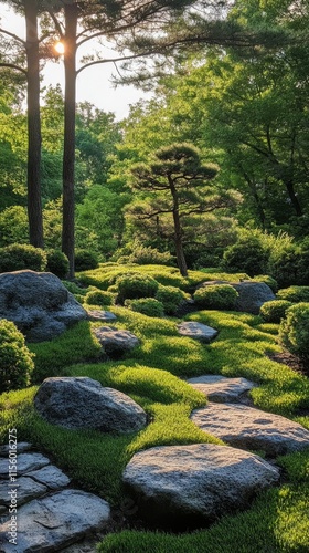 Tranquil garden path with stones and greenery during golden hour