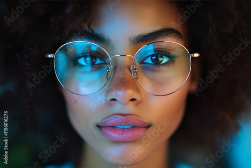 Close-up of a woman wearing stylish glasses and an orange scarf, gazing thoug...