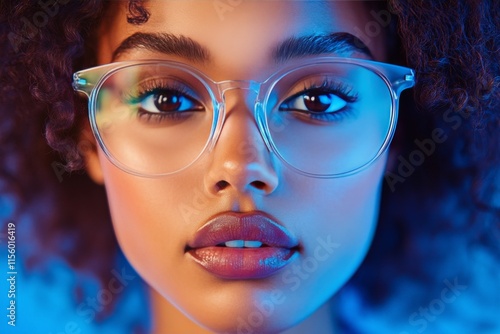 Close-up of a woman wearing stylish glasses and an orange scarf, gazing thoug...
