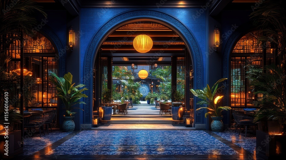 Obraz premium Luxurious blue archway entrance to a tropical courtyard restaurant at night.