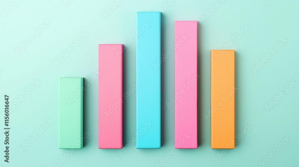 A colorful bar graph displayed against a mint green background, illustrating varying heights of data representation. A colorful bar graph displayed against a mint green background, illustrating varying heights of data representation.