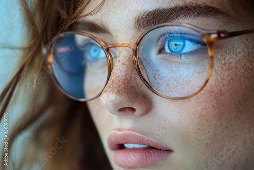 Close-up of a woman wearing stylish glasses and an orange scarf, gazing thoug...