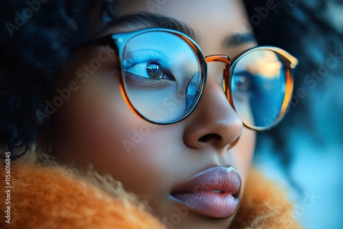 Close-up of a woman wearing stylish glasses and an orange scarf, gazing thoug...