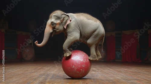 Small elephant balancing on a large red ball in an indoor circus environment