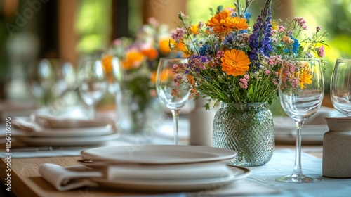 Elegant floral arrangement on a white table for a wedding or special event de...