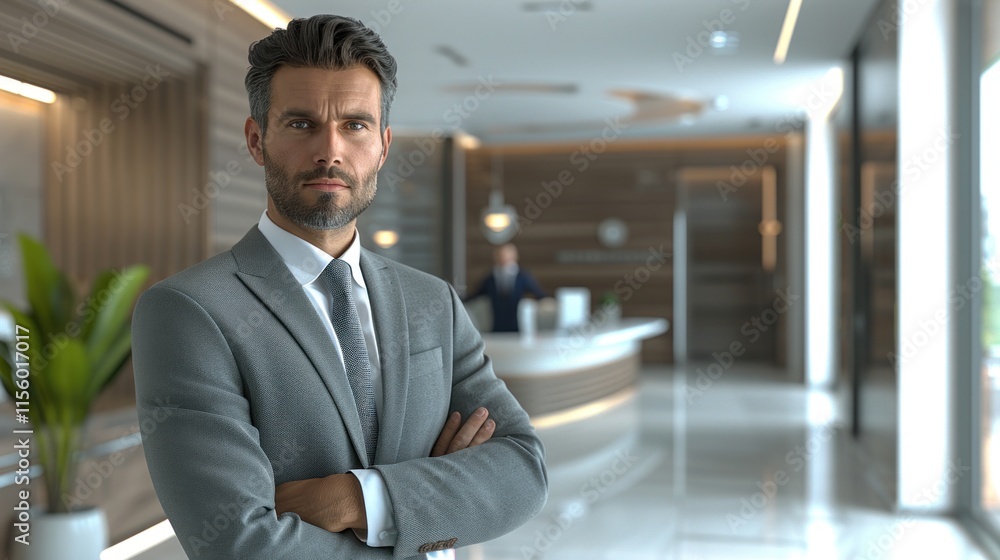 Confident Businessman in Modern Lobby Confident Businessman in Modern Lobby