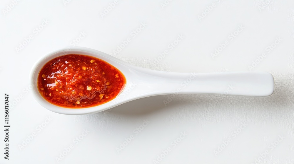 Spicy Red Sauce in White Spoon Against Plain Background Spicy Red Sauce in White Spoon Against Plain Background